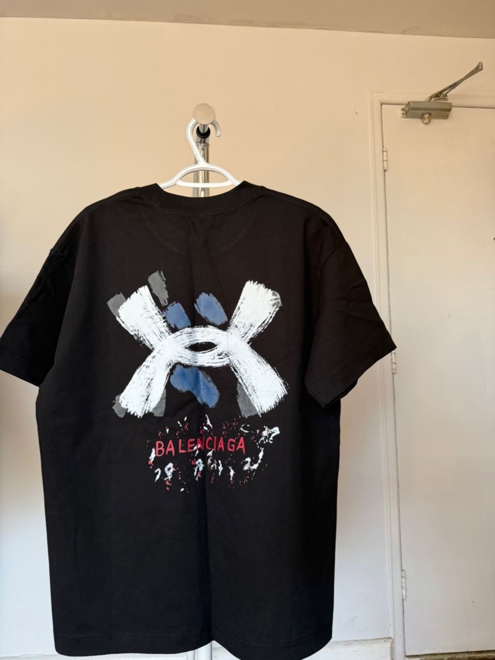 Balenciaga Black Tee with Pink Logo & White/Blue Paint